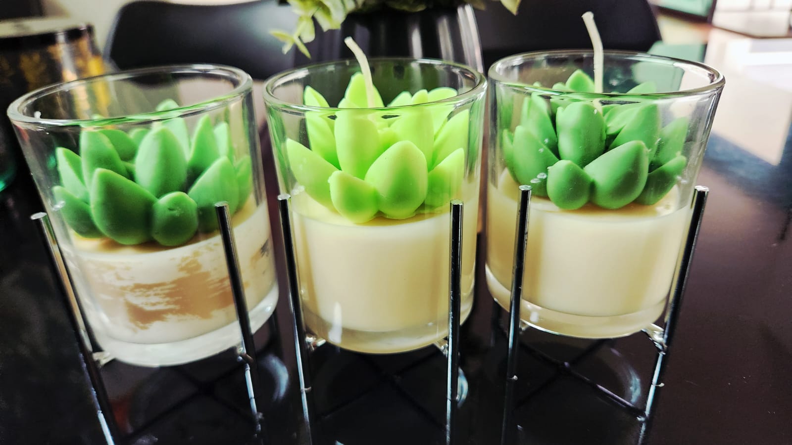 Vela Suculenta en vaso con base metálica